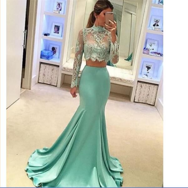 two pieces dresses evening wear high neck sheer neck long sleeves prom dress sweep train zipper back sheath homecoming dress, Red
two pieces dresses evening wear high neck sheer neck long sleeves prom dress sweep train zipper back sheath homecoming dress, Red