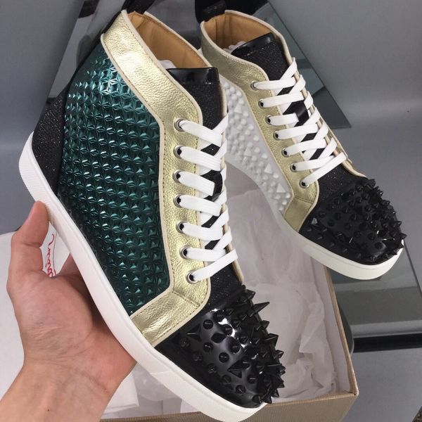 green vision leather high red bottom sneakers for men,women platform casual with pik pik spikes luxury dress wedding walking with box, Black
green vision leather high red bottom sneakers for men,women platform casual with pik pik spikes luxury dress wedding walking with box, Black