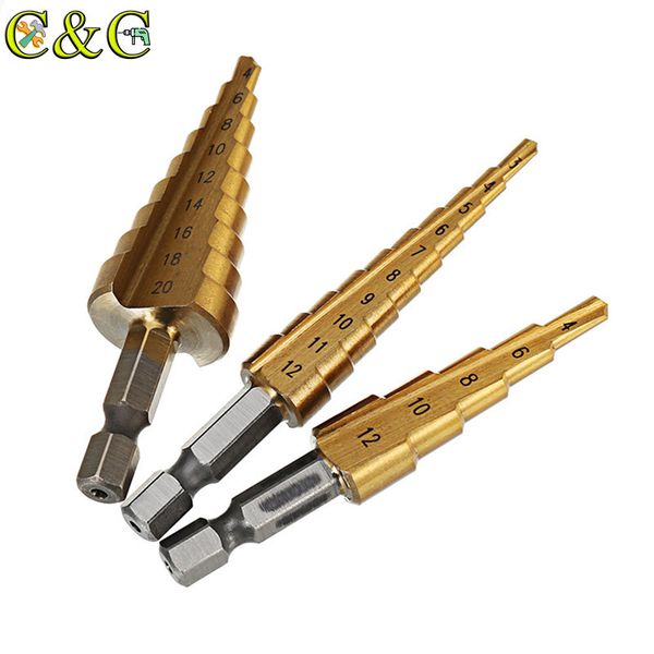 

3pcs hss steel titanium step drill bits 3-12mm 4-12mm 4-20mm step cone cutting tools steel woodworking wood metal drilling set