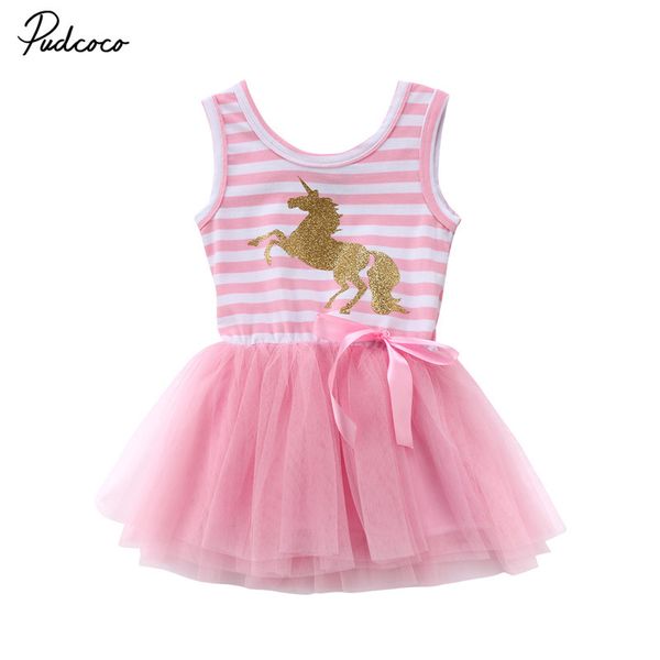 

2018 pretty little girl baby unicorn dress summer sleeveless striped pink mesh tulle party wedding tutu summer dress, Red;yellow