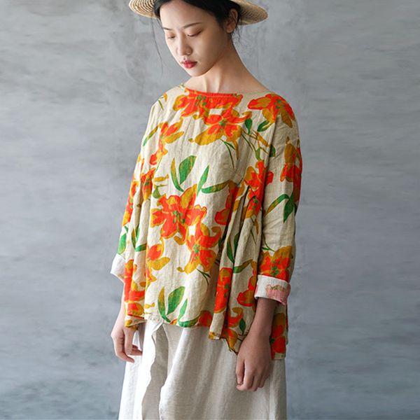 women's t-shirt johnature women print linen pullover t-shirts vintage 2021 spring loose o-neck pleated batwing sleeve irregular, White
women's t-shirt johnature women print linen pullover t-shirts vintage 2021 spring loose o-neck pleated batwing sleeve irregular, White