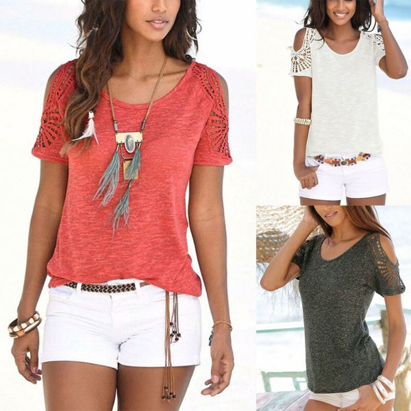 Womens Cutout Cold Shoulder T-Shirts Tops Short Sleeve Summer Beach Blouse Tee