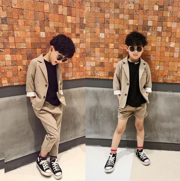 children's suit suit spring 2019 new korean version children's plaid 2 t sets + a beach shorts, Blue