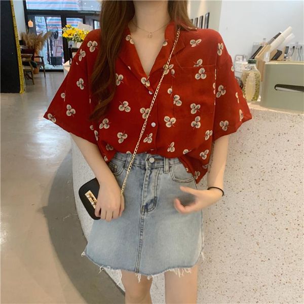 women chiffon shirt leaf pattern loose lapel red short sleeve summer women single breasted pocket decoration korean blouse, White
women chiffon shirt leaf pattern loose lapel red short sleeve summer women single breasted pocket decoration korean blouse, White