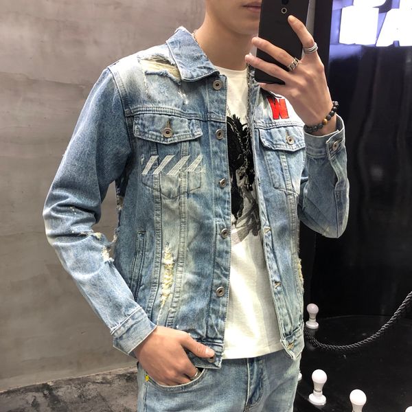 2019 spring hole handsome handsome male ins super fire hollow transparent patchwork decoration denim jacket, Black;brown
2019 spring hole handsome handsome male ins super fire hollow transparent patchwork decoration denim jacket, Black;brown