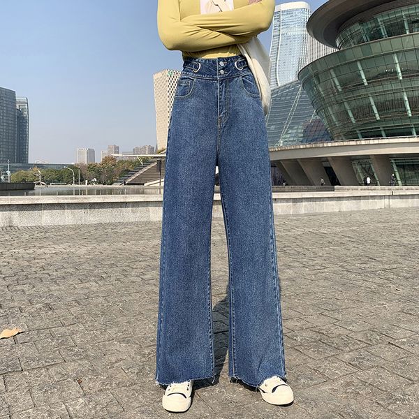 women's jeans high-waisted for women with wide legs floor-length pants straight leg are slim and three-grain buckle, Blue
women's jeans high-waisted for women with wide legs floor-length pants straight leg are slim and three-grain buckle, Blue