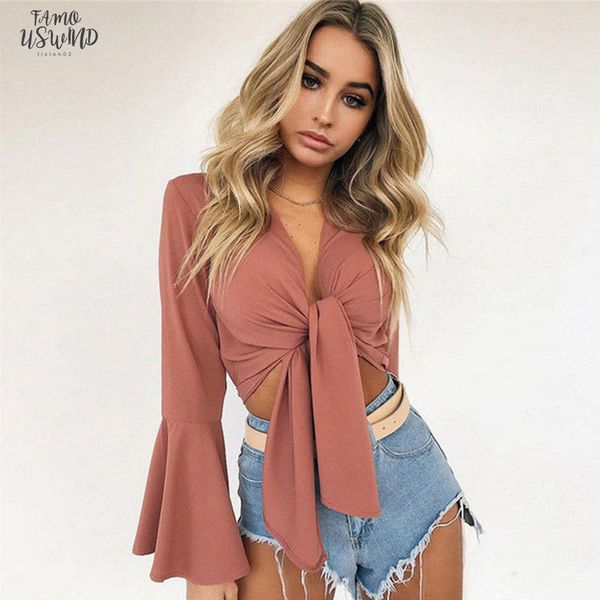 women v neck long flare sleeve t shirt crop solid slim bow tie front short summer beach top, White
women v neck long flare sleeve t shirt crop solid slim bow tie front short summer beach top, White