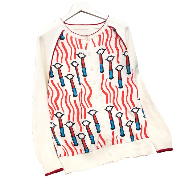 2019 spring and autumn women' casual sweater fashn loose knt cardigan long-sleeved lipstick pritng ms wild round neck button top, White 
2019 spring and autumn women' casual sweater fashn loose knt cardigan long-sleeved lipstick pritng ms wild round neck button top, White