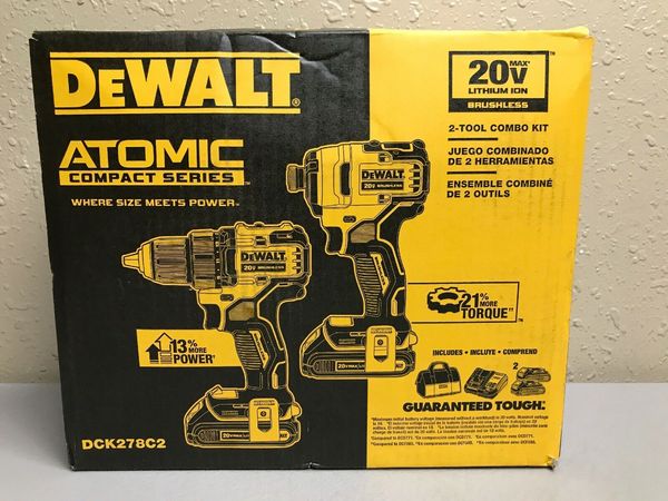 Dewalt dck278c2 atomic 20v max 2 tool bru hle combo kit new