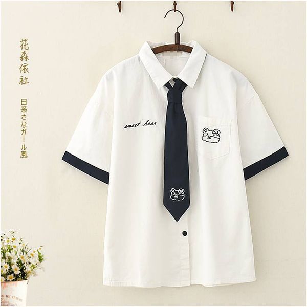 cute bear embroidered bow tie all-match short-sleeved shirt women's shirt 2149, White
cute bear embroidered bow tie all-match short-sleeved shirt women's shirt 2149, White