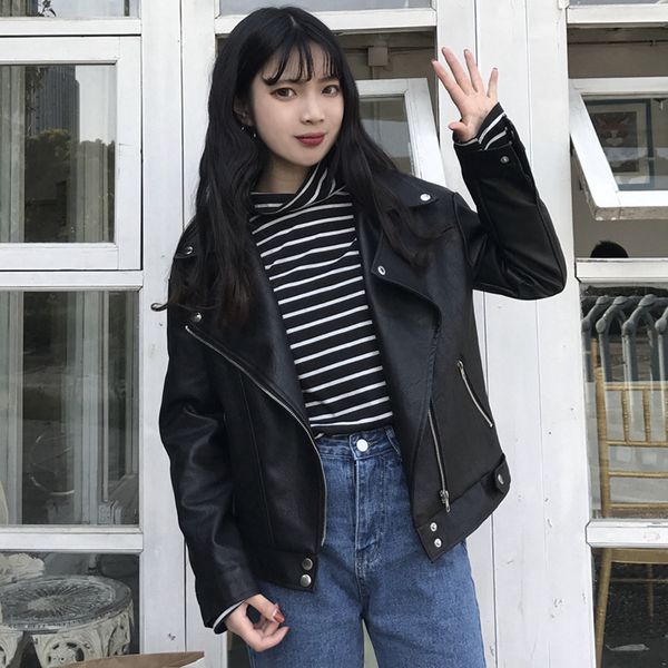 2019 new fashion spring autumn women pu leather coat plus size long sleeve student short leather jacket women's cc703, Black
2019 new fashion spring autumn women pu leather coat plus size long sleeve student short leather jacket women's cc703, Black