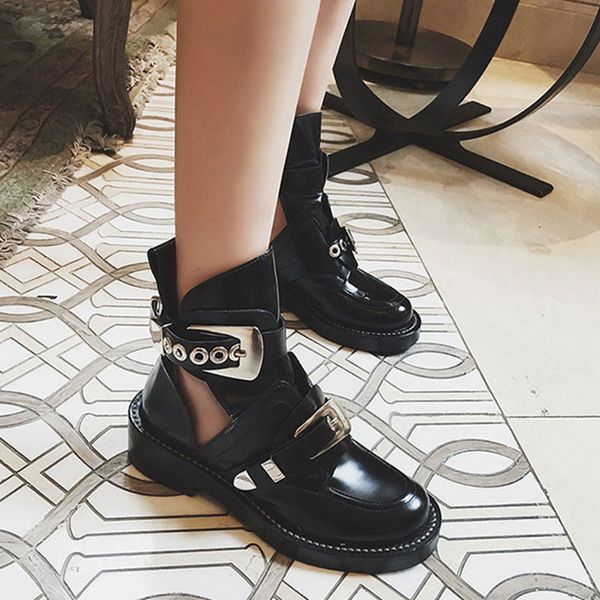 boots woman england with leisure locomotive circle head black hollow out short boots