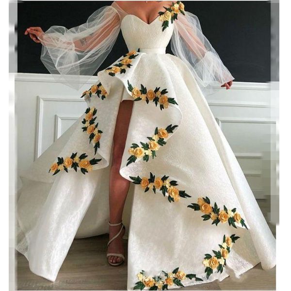 high low lace prom dresses v neck charming handmade flowers appliques lace evening dress sheer puffy full sleeves party vestidos, Black
high low lace prom dresses v neck charming handmade flowers appliques lace evening dress sheer puffy full sleeves party vestidos, Black