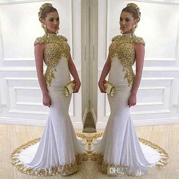 new stunning white and gold long evening dresses high neck cap sleeve beaded lace appliques stretch satin mermaid women formal party gowns, Black;red
new stunning white and gold long evening dresses high neck cap sleeve beaded lace appliques stretch satin mermaid women formal party gowns, Black;red