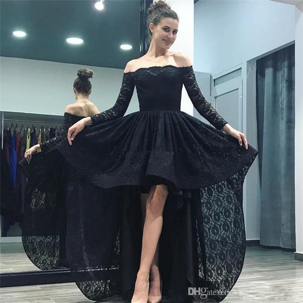 black lace high low prom dresses off shoulders long sleeves evening dress backless cocktail homecoming gowns custom formal dress, Black;red
black lace high low prom dresses off shoulders long sleeves evening dress backless cocktail homecoming gowns custom formal dress, Black;red