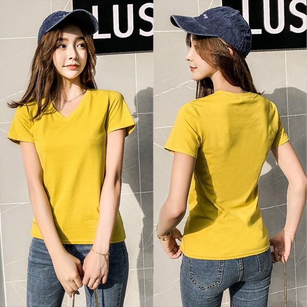 short-sleeved t- women's 2020 cotton women's slim t- shirt v-neck solid color base shirt, White
short-sleeved t- women's 2020 cotton women's slim t- shirt v-neck solid color base shirt, White