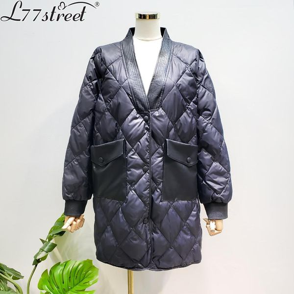 l77street long v-neck stitching leather pocket thick loose loose coat wild white duck down jacket female, Black
l77street long v-neck stitching leather pocket thick loose loose coat wild white duck down jacket female, Black