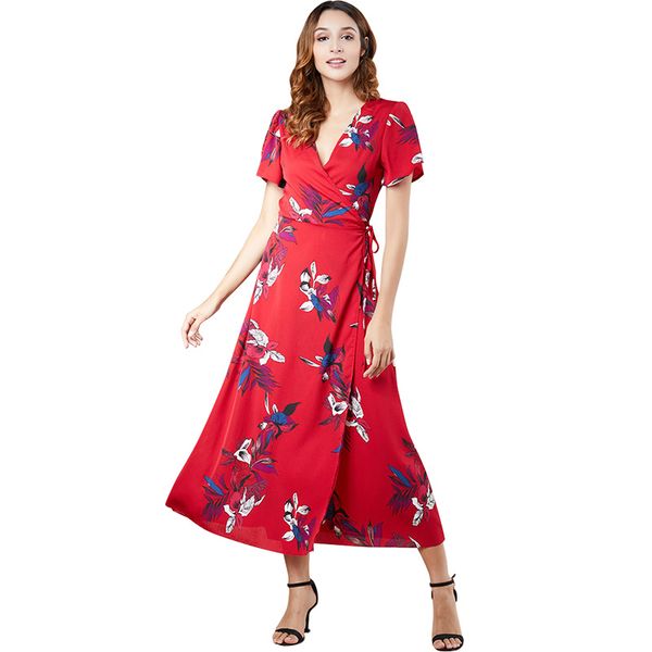 new women maxi dress floral print v neck split short sleeve elegant ladies dress slim holiday long yellow/red/blue, Black;gray
new women maxi dress floral print v neck split short sleeve elegant ladies dress slim holiday long yellow/red/blue, Black;gray