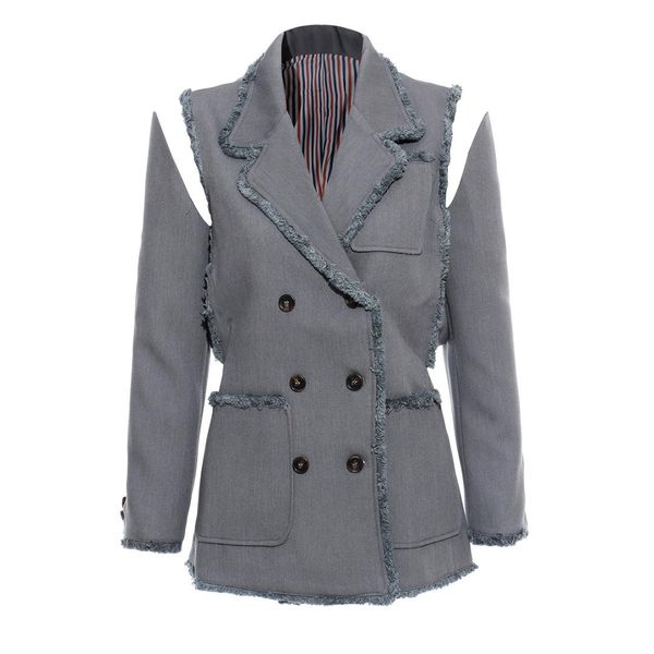 2019 fashion personality fringed edging shoulder strapless double-breasted suit broken sleeve gray stitching long-sleeved jacket, White;black
2019 fashion personality fringed edging shoulder strapless double-breasted suit broken sleeve gray stitching long-sleeved jacket, White;black