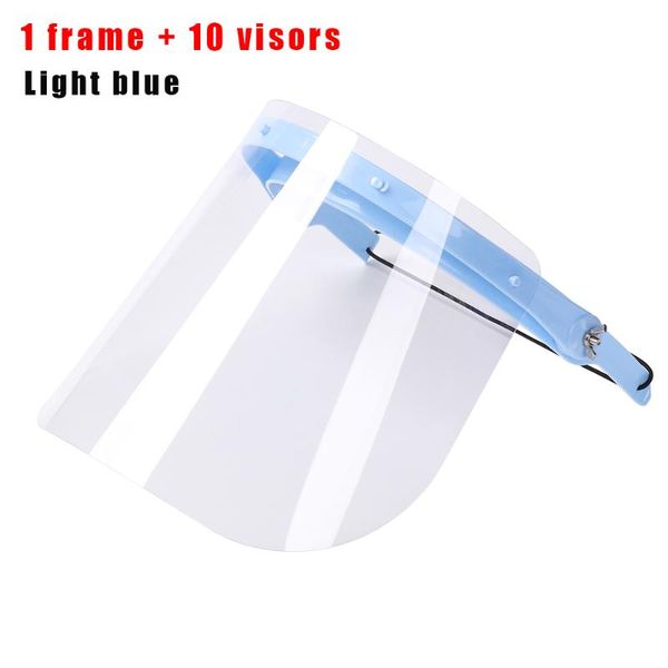 1 frame 10 visors transparent adjustable full face shield mask anti-fog clear flip up visor oil fume safety protection, Blue;gray