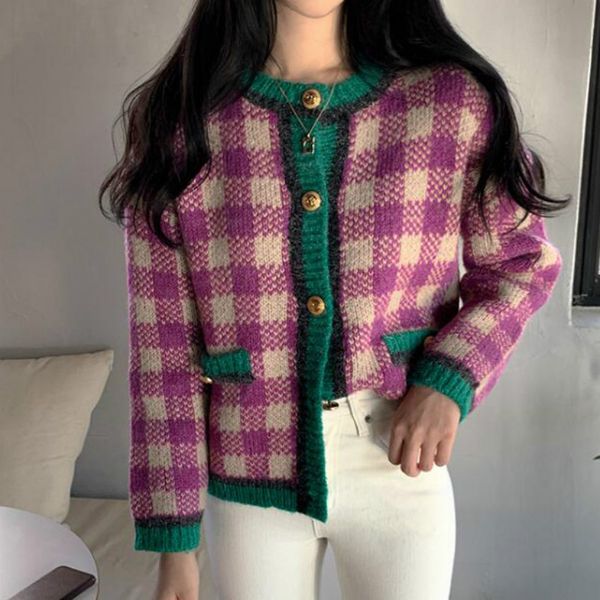 women autumn winter sweet plaid short sweater long sleeve round collar knitted cardigan jacket single breasted outwear, White
women autumn winter sweet plaid short sweater long sleeve round collar knitted cardigan jacket single breasted outwear, White