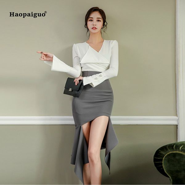 2 piece set women autumn plus size white full flare sleeve v-neck casual and gray asymmetrical short club party skirt ladies
2 piece set women autumn plus size white full flare sleeve v-neck casual and gray asymmetrical short club party skirt ladies