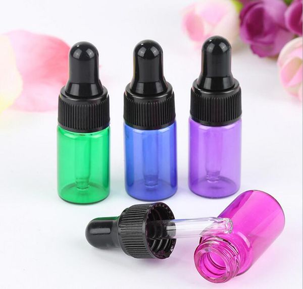 оптовая 1 мл 2 мл 3 мл 5 мл мини стеклянные флаконы с чистым стеклом капельницы колпачок маленький синий / зеленый / фиолетовый масло капель
