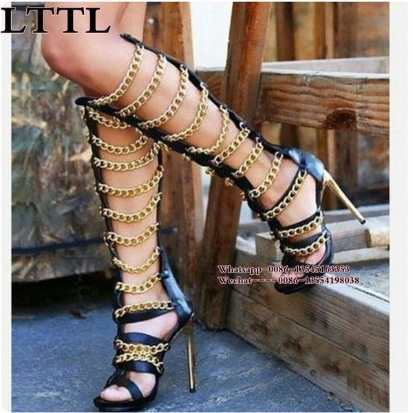 super trendy knee high gladiator gold chained sandal boots summer women hollow cut thin high heel long sandals dropship, Black
super trendy knee high gladiator gold chained sandal boots summer women hollow cut thin high heel long sandals dropship, Black