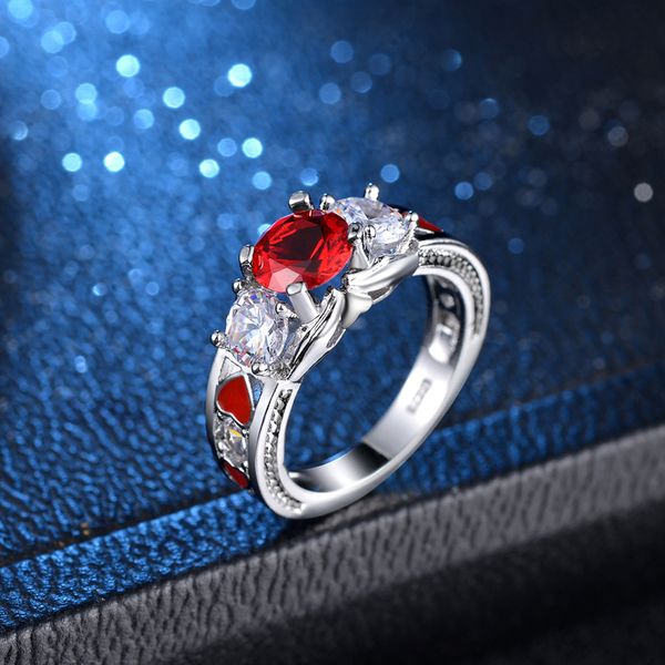 

european pop brand jewelry red enamel love heart micro zircon inlay ring for women unique design female wedding ring bague femme, Golden;silver