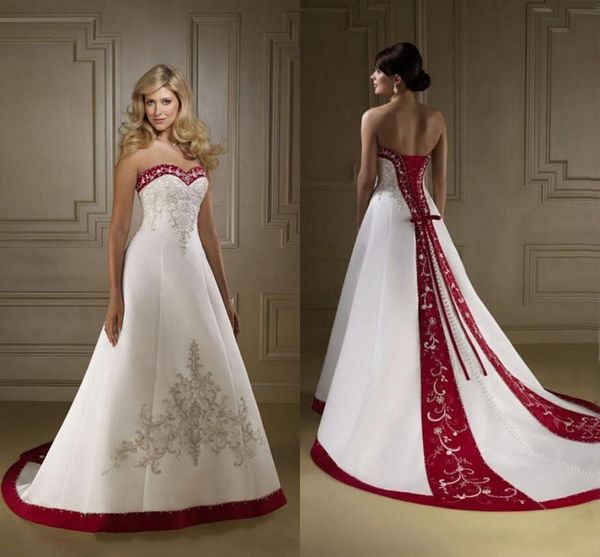 classy red and white embroidery a line wedding dresses sweetheart corset back satin sequins beaded bridal wedding gowns custom made
classy red and white embroidery a line wedding dresses sweetheart corset back satin sequins beaded bridal wedding gowns custom made