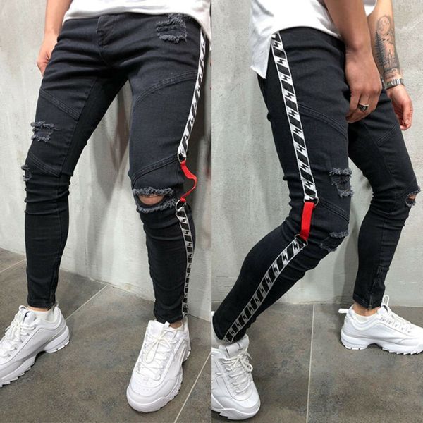 black men skinny jeans distressed ripped frayed denim pants stylish new long trousers, Blue