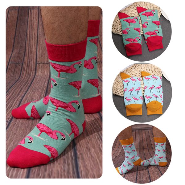 1pair retro mens sport soft cotton socks 3d print cartoon flamingo socks yellow/rose red sport short, Black