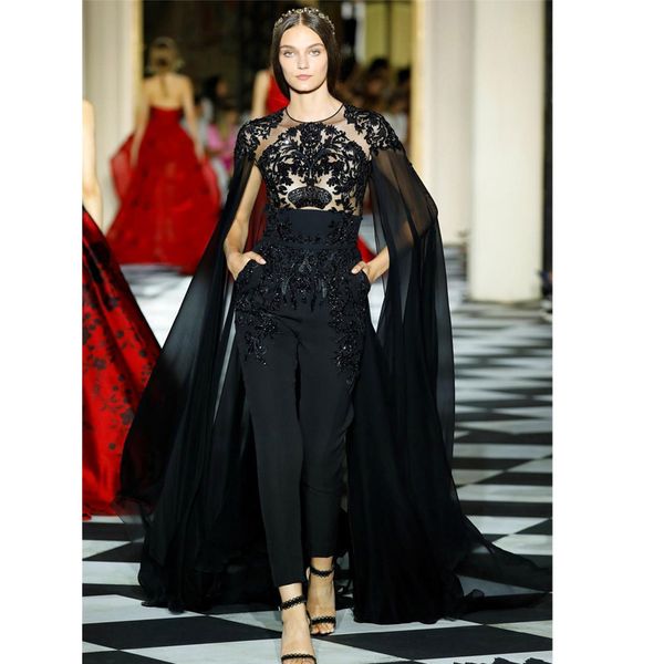 modern black jumpsuits evening dresses with wrap illusion lace beaded long prom dresses celebrity formal wear special occasion gowns, Black;red
modern black jumpsuits evening dresses with wrap illusion lace beaded long prom dresses celebrity formal wear special occasion gowns, Black;red