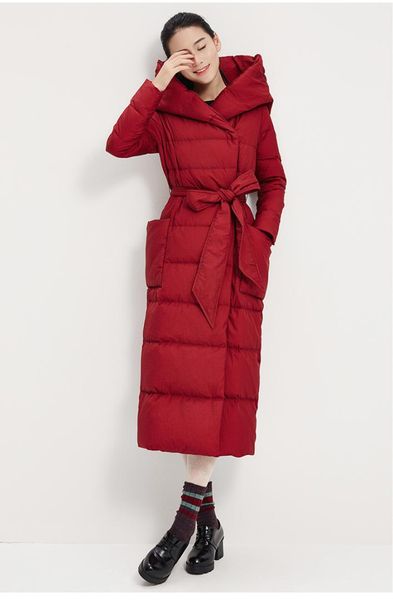 x-long женщина вниз пальто большого капюшон вниз пальто куртка h-line теплой зимняя куртка с поясным ремнем, Black