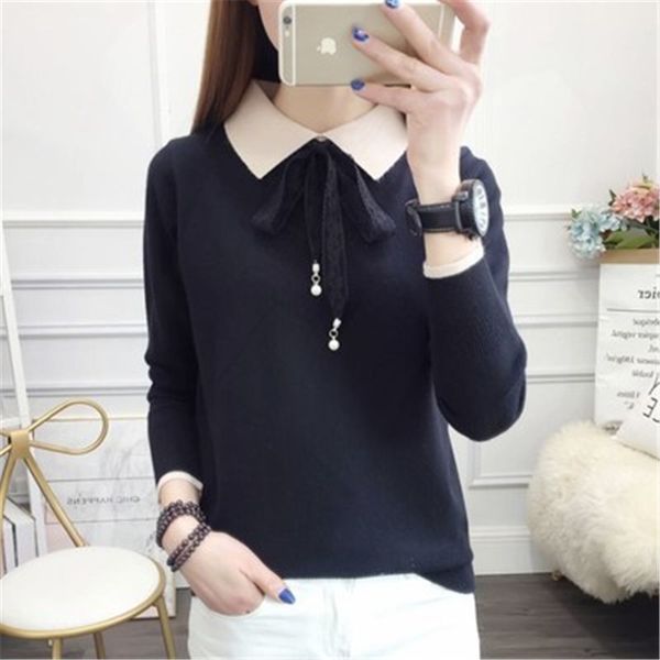 2019 ladies sweater autumn new lace bow tie small square collar long-sleeved knit bottoming sweater women, White;black
2019 ladies sweater autumn new lace bow tie small square collar long-sleeved knit bottoming sweater women, White;black