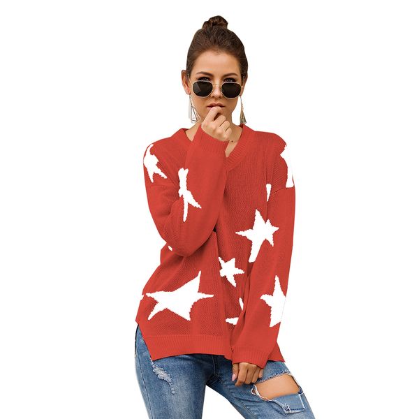 star printed daily pullover women sweater v neck stretch knitted winter side split long sleeve loose fashion casual, White;black
star printed daily pullover women sweater v neck stretch knitted winter side split long sleeve loose fashion casual, White;black
