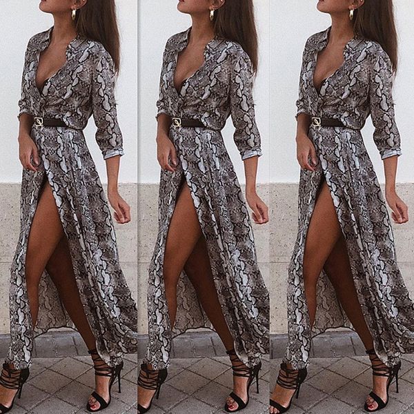 women dress beach slim split gifts party snake skin print fashion maxi holiday waist belt v neck long sleeve, Black;gray
women dress beach slim split gifts party snake skin print fashion maxi holiday waist belt v neck long sleeve, Black;gray