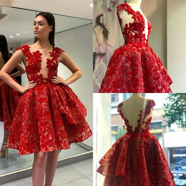 2019 red high low prom dresses beaded lace appliqued short evening gowns sheer neck a line party dress, Black
2019 red high low prom dresses beaded lace appliqued short evening gowns sheer neck a line party dress, Black