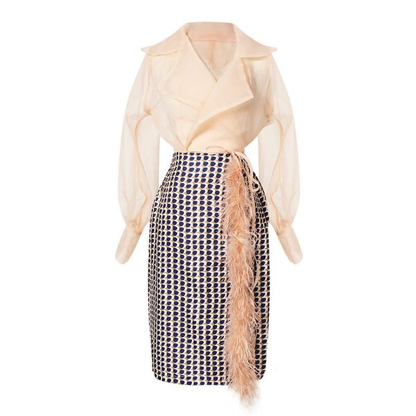 women skirt suits chiffon lantern sleeve lace up shirt with geometric feather patchwork midi skirts elegant clothes, White
women skirt suits chiffon lantern sleeve lace up shirt with geometric feather patchwork midi skirts elegant clothes, White