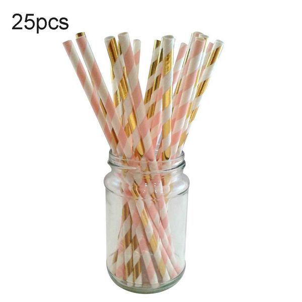 

newly 25pcs vintage stripe drinking straw hard plastic straws metallic gold and pink stripy paper straws