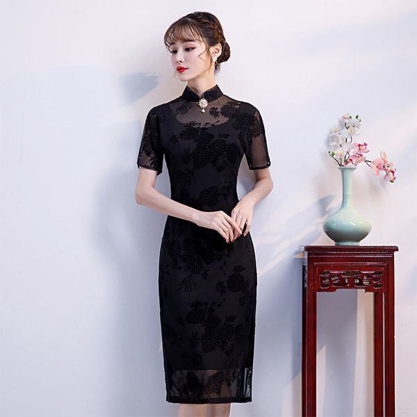 black lace embroidery chinese style handmade button dress vintage ladies short qipao classic stage show elegant female cheongsam, Red
black lace embroidery chinese style handmade button dress vintage ladies short qipao classic stage show elegant female cheongsam, Red