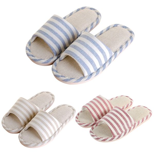winter women home slippers men women couple korean striped cotton linen slippers, Black