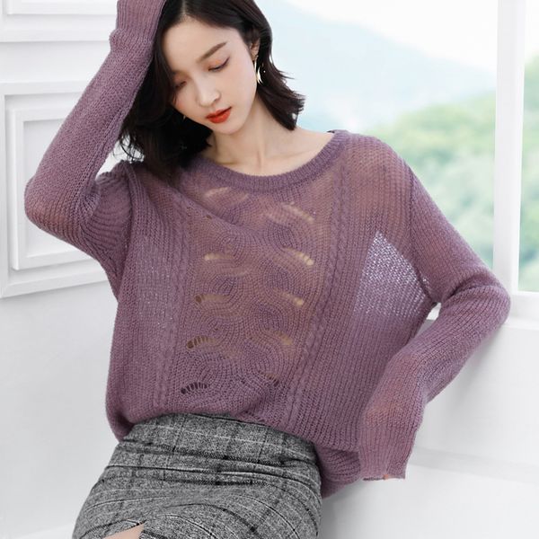 2020 spring casual thin purple color sweater woman lazy wind hollow out thin pullover loose mohair knitting tees female, White;black
2020 spring casual thin purple color sweater woman lazy wind hollow out thin pullover loose mohair knitting tees female, White;black