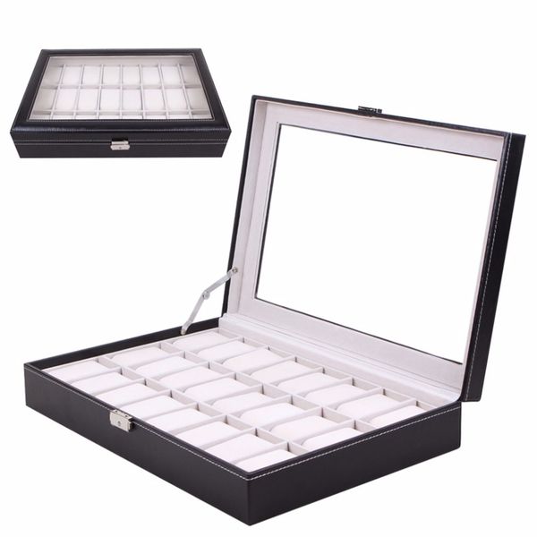 24 grid watch box case holder glass pillow organizer classical black leather wristwatch storage case foam pillow transparent, Black;blue
24 grid watch box case holder glass pillow organizer classical black leather wristwatch storage case foam pillow transparent, Black;blue