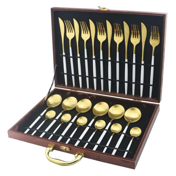 24pcs white gold cutlery set stainless steel dinnerware set knives fork spoon dinner flatware kitchen tableware with box
24pcs white gold cutlery set stainless steel dinnerware set knives fork spoon dinner flatware kitchen tableware with box