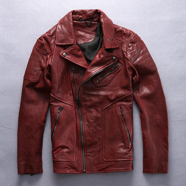 

men's slim fit motorcycle jacket red black vegetable tanned sheepskin lapel genuine leather jacket men fashion biker coat male