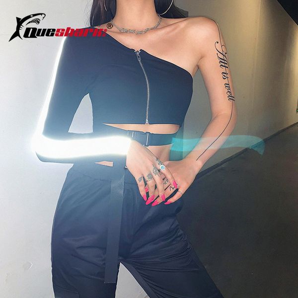 women reflective single shoulder running shirt black high waist black sports fitness yoga shirts with waist belt, Black;blue
women reflective single shoulder running shirt black high waist black sports fitness yoga shirts with waist belt, Black;blue
