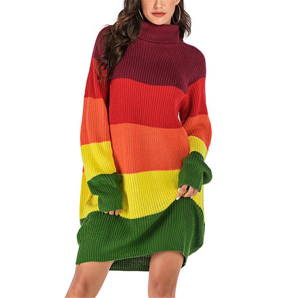 spring autumn loose sweater female rainbow gradient wide stripe full sleeve high collar scalp knitting dress long, White;black
spring autumn loose sweater female rainbow gradient wide stripe full sleeve high collar scalp knitting dress long, White;black