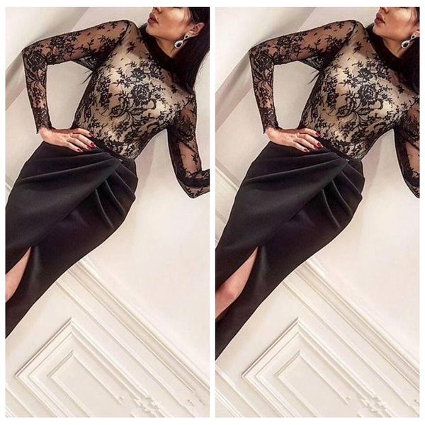 high neck black lace long sleeves sheath prom dresses split front custom 2020 women evening dresses middle east vestidos de soiree
high neck black lace long sleeves sheath prom dresses split front custom 2020 women evening dresses middle east vestidos de soiree