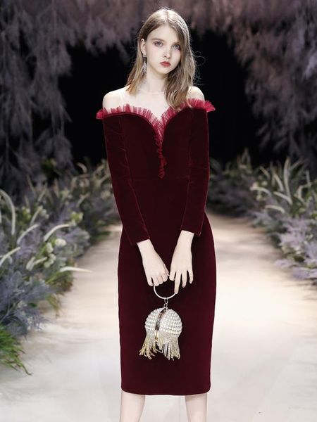 bgw v neck off shoulder evening dresses long sleeves velour wine red vestidos de fiesta de noche talla grande 2020, White;black 
bgw v neck off shoulder evening dresses long sleeves velour wine red vestidos de fiesta de noche talla grande 2020, White;black